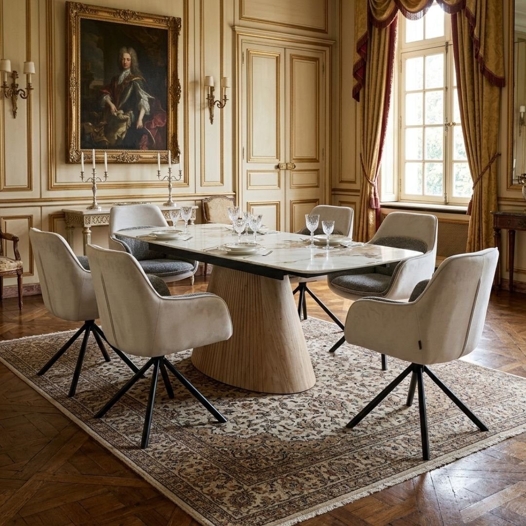 Monaco Beige Stone Extending Dining Set 6 Florence Swivel Chairs