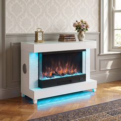 White Corner Fireplace TV Unit with LED Lights & Bluetooth Speakers