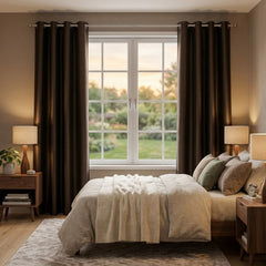 Chocolate Faux Silk Fully Lined Eyelet Curtains - 1 Pair,