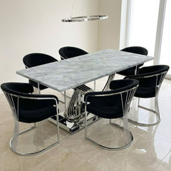 Elina 180cm Grey Marble Dining Table & 6 Black Porado Chairs Set