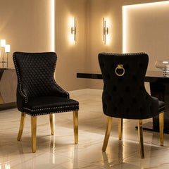Set of 2 Black Victoria Dining Chairs with Ring Knocker & Gold Legs