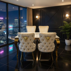 Sofia 1.5m Cream & Gold Marble Table & 4 Victoria Mink Lion Chairs