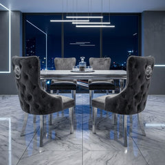 Sofia 1.2m Grey Marble Table & 4 Victoria Grey Lion Silver Chairs