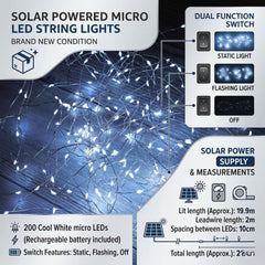 Solar Powered 200 Cool White Micro LED Lights - 19.9m Garden String