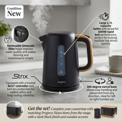 Progress Skara 1.7L Rapid Boil Kettle - 3000W, Black & Wood Effect