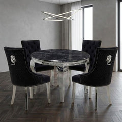 Sofia 1.1m Round Black Gold Dining Table & 4 Black Lion Back Chairs