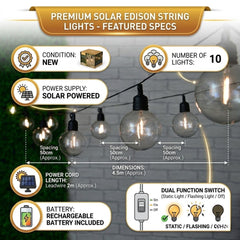 Solar Powered Edison Style Light Bulb String Lights 10pk - Warm White