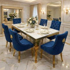 Sofia 1.6m Cream Gold Dining Table & 6 Blue Lion Back Velvet Chairs