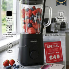 Salter Kuro 1.5L Glass Jug Blender - 600W Multi-Purpose Mixer, Black
