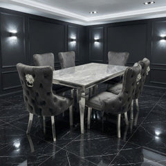 Sofia 1.8m Grey Marble Dining Table & 6 Victoria Grey Silver Chairs
