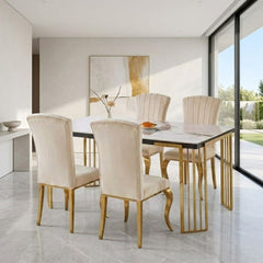 Cindy White Sintered Stone Dining Table - Luxury Gold Geometric Legs