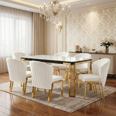 Sorrento 180cm White Marble Gold Leg Dining Table & 6 Fabio Beige Chairs