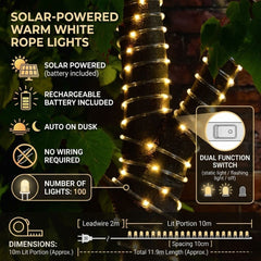 Solar Powered 10m Micro LED Rope Light - 100 Warm White Garden LEDs