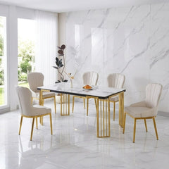 Cindy White Sintered Stone Dining Table & 6 Ivory Mia Chairs Set