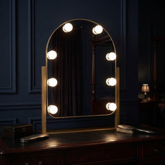 Gold LED Vanity Mirror with Touch Sensor, Dimmable Lights & Stand
