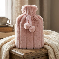 Pink 2L Faux Fur Hot Water Bottle - Luxury Plush Pom Pom Winter Gift