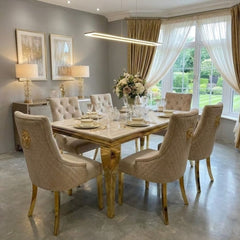 Sofia 1.6m Cream Gold Marble Dining Table & 6 Lion Back Velvet Chairs