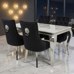 Sofia 1.5m Grey Marble Dining Table & 4 Black Minister Lion Chairs