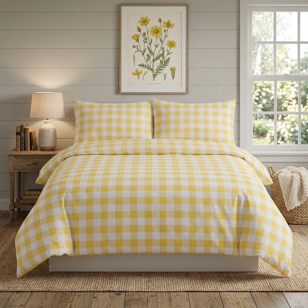 Gaveno Cavailia Ochre Gingham King Duvet Cover Microfibre Bed Set
