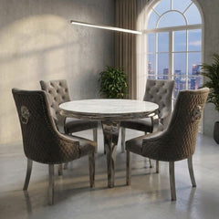 Sofia 1.1m Round Grey Marble Dining Table & 4 Minister Lion Chairs