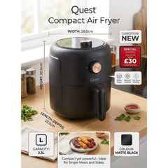 Quest 2.3L Compact Small Air Fryer - Black 1000W with Manual Dials