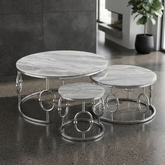 Ayla Silver Nest of 3 Marble Coffee Tables with Steel Frame Set