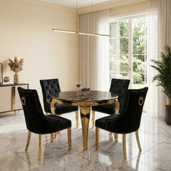 Sofia 1.1m Round Black Gold Dining Table & 4 Ring Back Dining Chairs