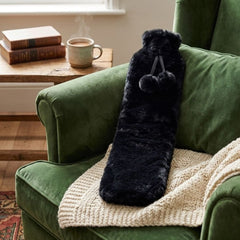 72cm Long Hot Water Bottle with Luxury Black Faux Fur Cover & Pom Poms