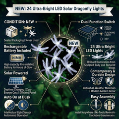 Solar Powered 24 LED Dragonfly String Lights - White Garden Decor