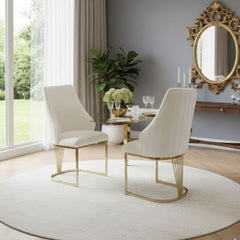 Set of 2 Lasco Cream and Gold Fabric Dining Chairs with Metal Legs