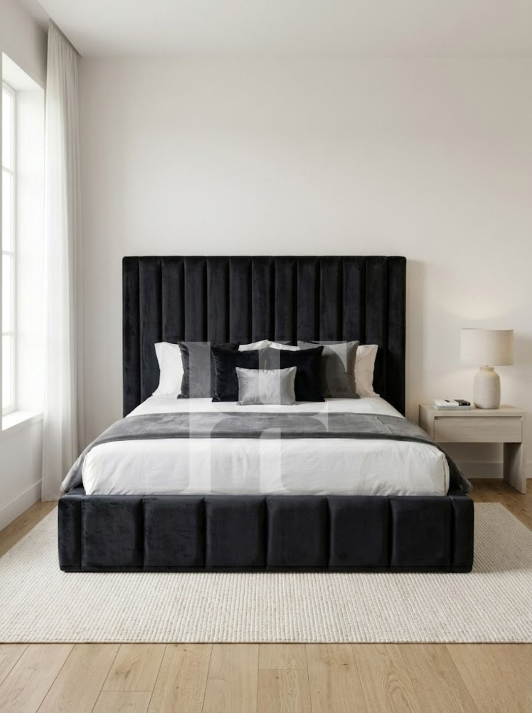 Modern  Velvet Vertical Channel Bed with Square Block Footboard