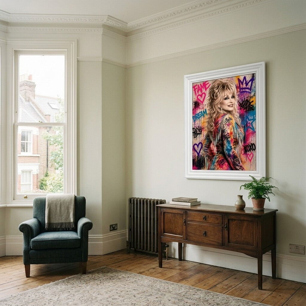 Dolly Parton Graffiti Pop Art White Frame Canvas Print Mat - 60 x 80cm