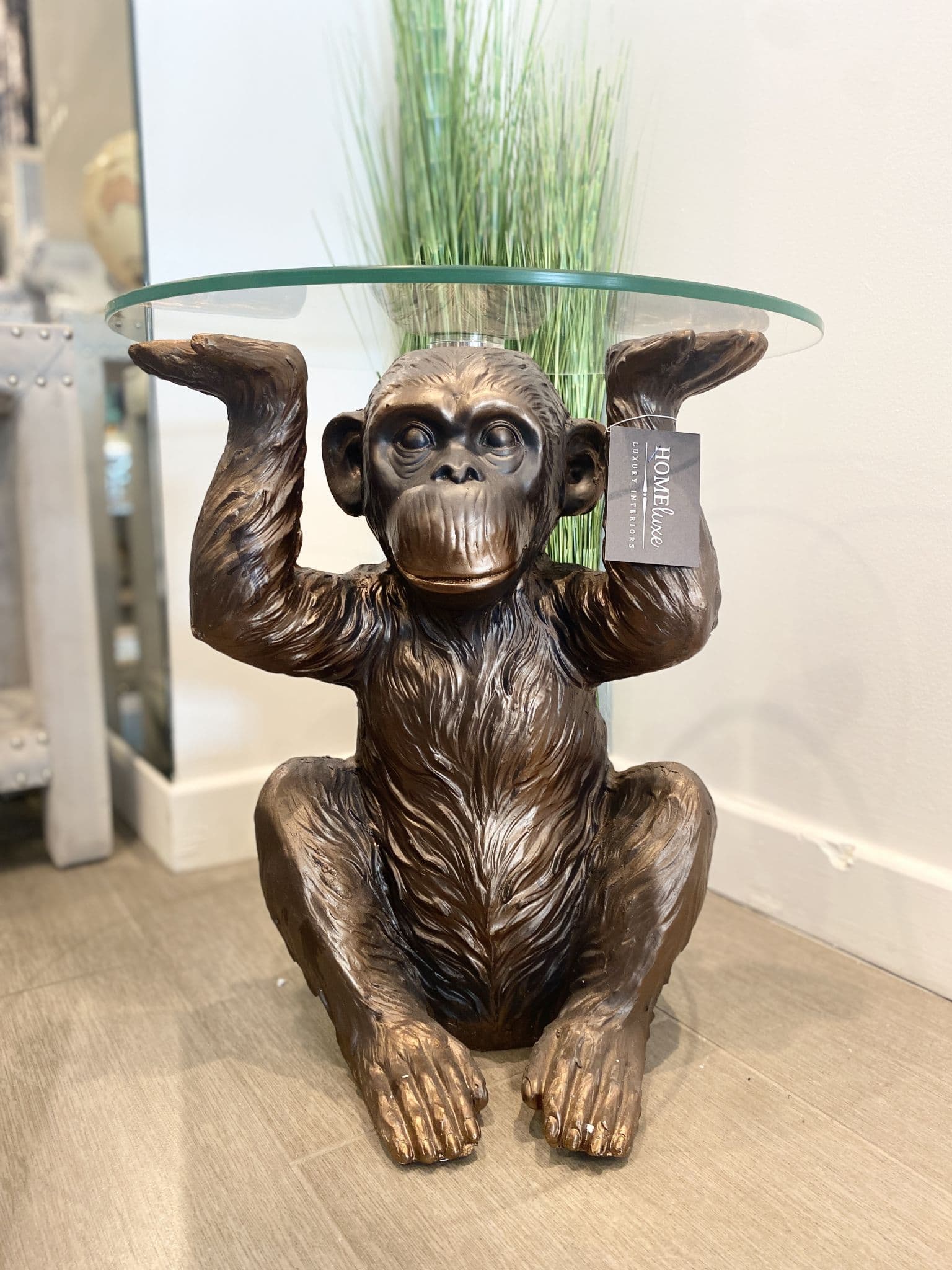[EKM-AUTOGENERATED]49Cm Bronze Chimpanzee With Glass Top Side Table