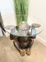 49Cm Bronze Chimpanzee With Glass Top Side Table