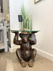 49Cm Bronze Chimpanzee With Glass Top Side Table