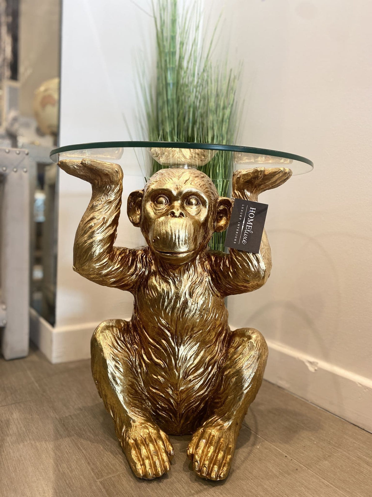 [EKM-AUTOGENERATED]49Cm Gold Chimpanzee With Glass Top Side Table