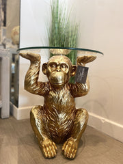 [EKM-AUTOGENERATED]49Cm Gold Chimpanzee With Glass Top Side Table