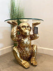 49Cm Gold Chimpanzee With Glass Top Side Table