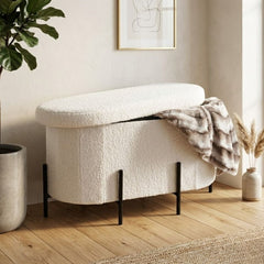 White Boucle Curved Storage Ottoman Bench with Black Metal Legs