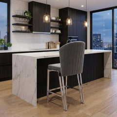 Fabio Grey Velvet Barstool with Silver Frame | Luxury Breakfast Stool