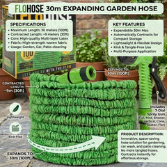 Flohose 30m Expanding Garden Hose with 7-Dial Spray Gun - Kink-Free
