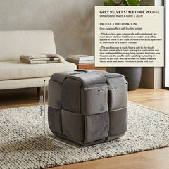 Grey Velvet Style Cube Pouffe - Soft Brushed 40x40x30cm Ottoman