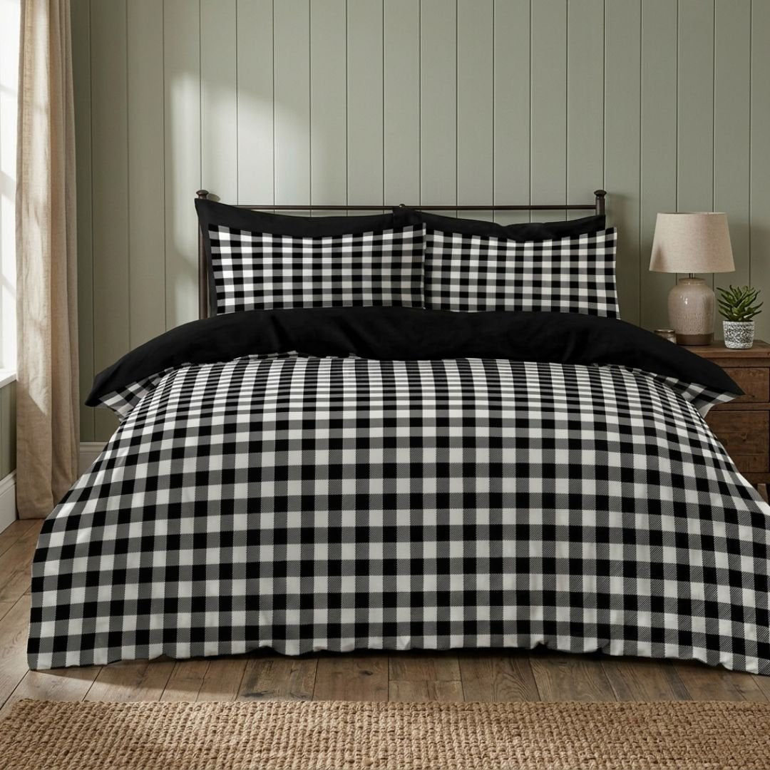 Gaveno Cavailia Black Gingham Double Duvet Cover Microfibre Bed Set
