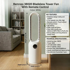 Benross White Bladeless Tower Fan - 88cm with Remote & 12-Hour Timer