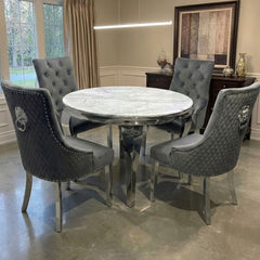 Sofia 1.1m Round Grey Marble Dining Table & 4 Minister Lion Chairs