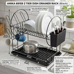 2-Tier Dish Drainer Rack - Black Powder Coated Iron Wire