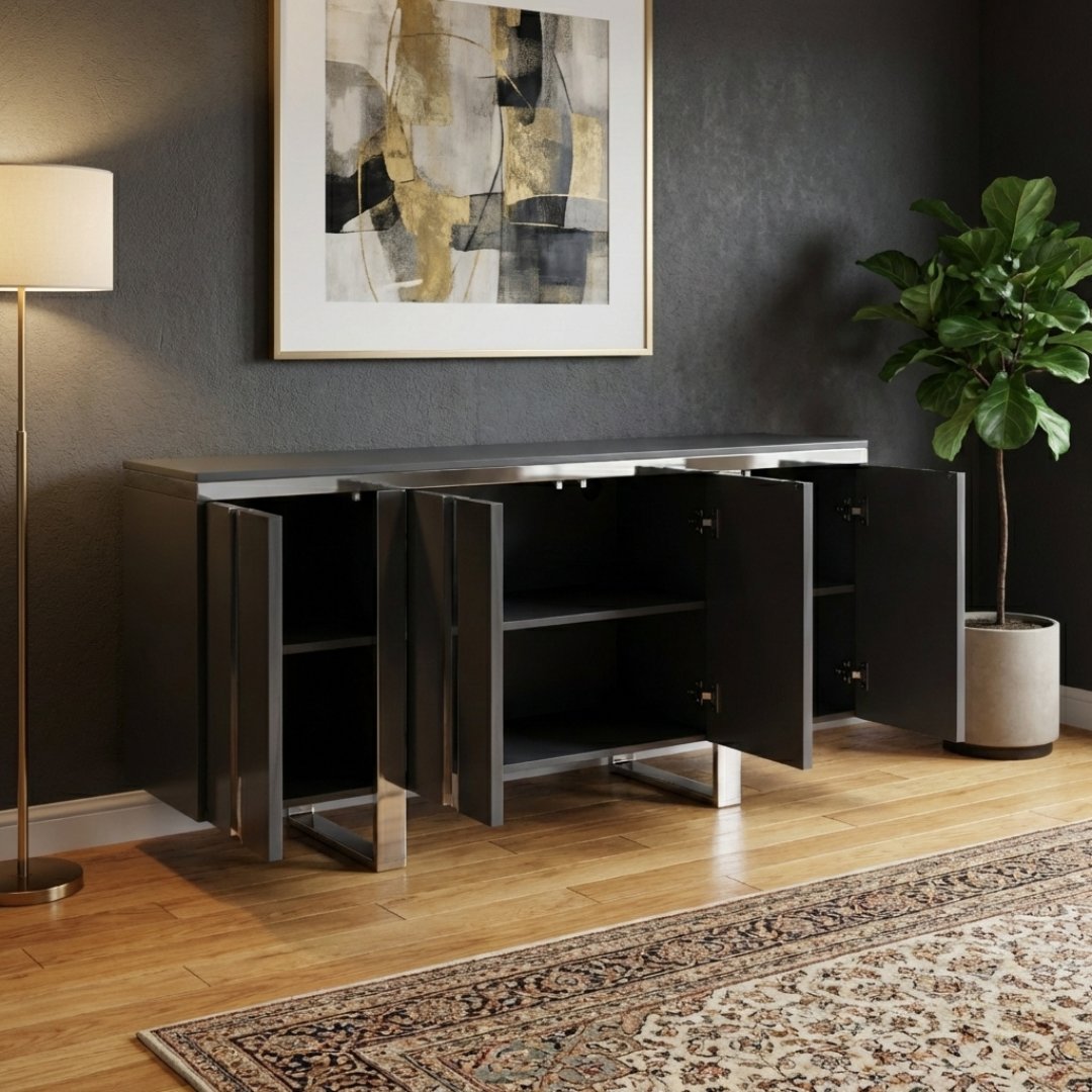 Genoa Grey Gloss Fluted Sideboard 4 Door Polished Steel Base 146cm