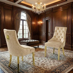 Set of 2 Minister Beige Velvet Dining Chairs with Gold Lion Knocker