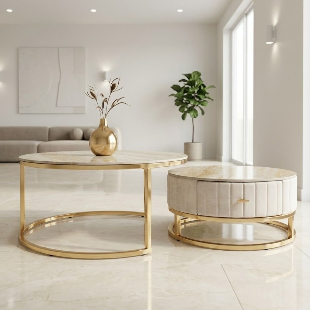 Melrose Cream Marble Nesting Of Coffee Tables - Set of 2 Storage Cream Fabric