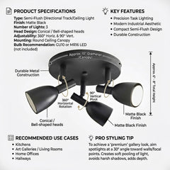 Malmo 3-Light Ceiling Light - Modern Black Minimalist Semi-Flush Mount